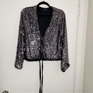 Gap women’s long sleeve bomber Sequin full zip Jacket M silver shiny